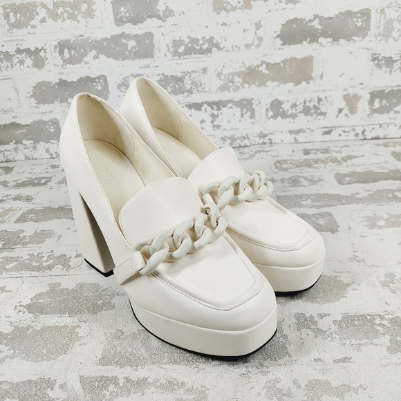 New Open Edit Women White Round Toe Chain Chunky Mid Platform Heels Shoes B501 - Picture 4 of 16